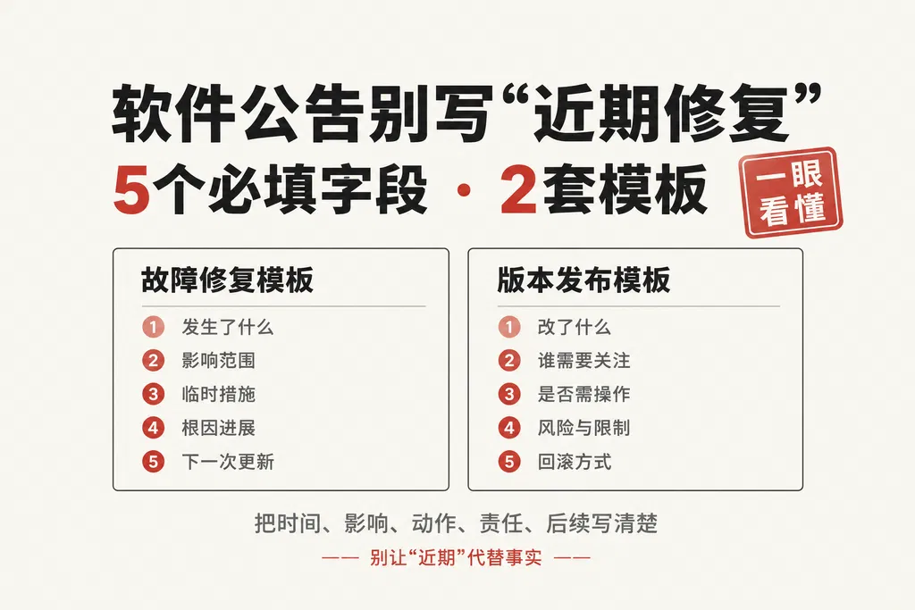 软件公告别写“近期修复”：5个必填字段  2套模板，让读者一眼看懂